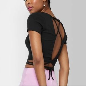 Black lace up back crop top